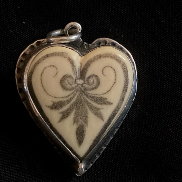 Fossil mammoth scrimshaw heart pendant sterling set rare valentine 💘 gift - Picture 4 of 5